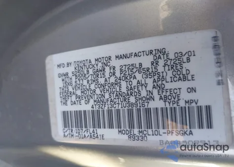 2001 Toyota Sienna Xle z USA, uszkodzony, nr VIN 4T3ZF13C71U389167